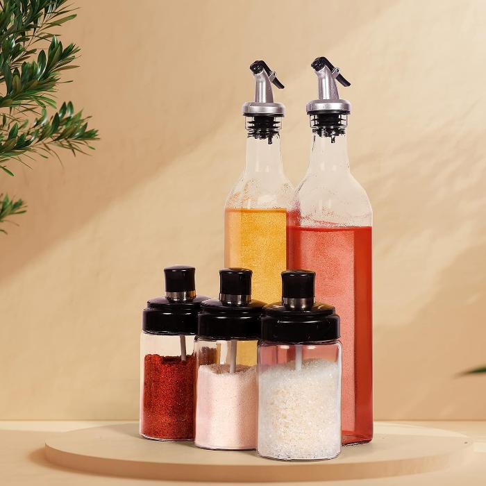 PourSet — 5-Piece Glass Oil Dispenser & Spice Jar Set