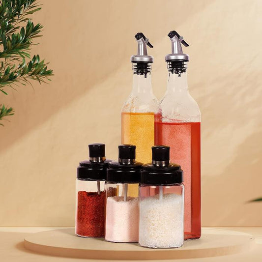 PourSet — 5-Piece Glass Oil Dispenser & Spice Jar Set
