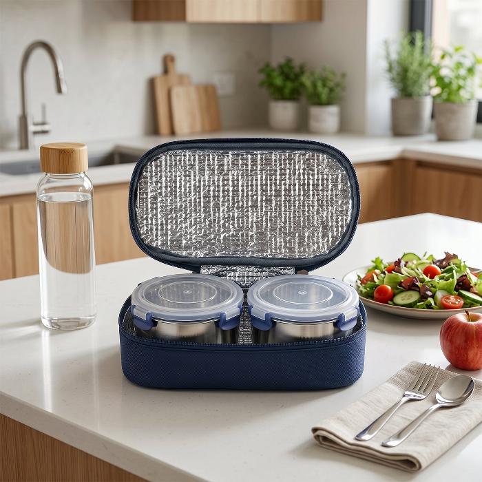 Neo Twin — Insulated Lunch Box Set, 2 Steel Containers with Carry Bag