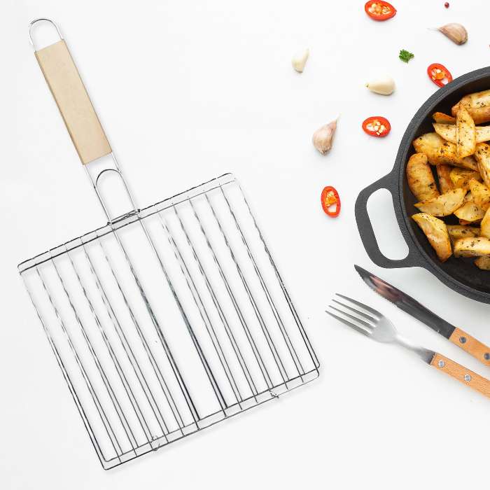 GrillLock — Foldable Stainless Steel BBQ Grilling Basket with Wooden Handle