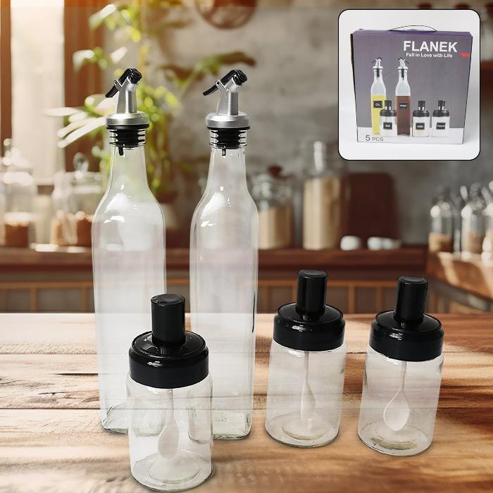 PourSet — 5-Piece Glass Oil Dispenser & Spice Jar Set