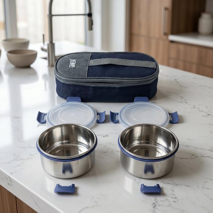 Neo Twin — Insulated Lunch Box Set, 2 Steel Containers with Carry Bag