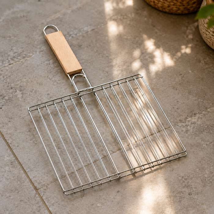 GrillLock — Foldable Stainless Steel BBQ Grilling Basket with Wooden Handle