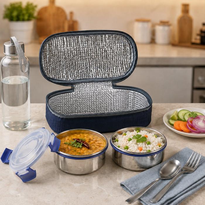 Neo Twin — Insulated Lunch Box Set, 2 Steel Containers with Carry Bag