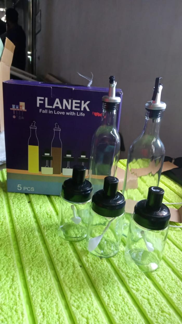 PourSet — 5-Piece Glass Oil Dispenser & Spice Jar Set