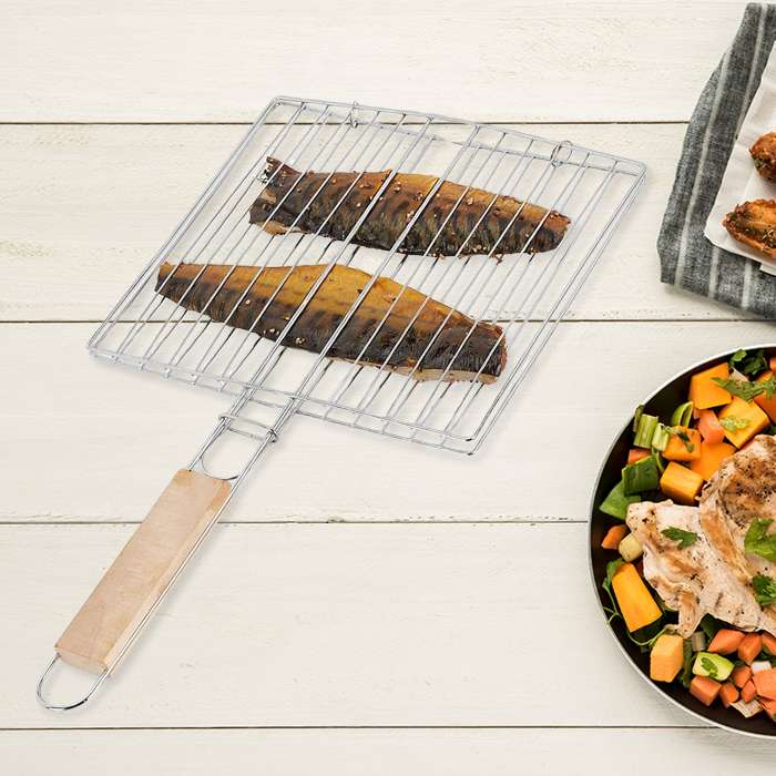 GrillLock — Foldable Stainless Steel BBQ Grilling Basket with Wooden Handle